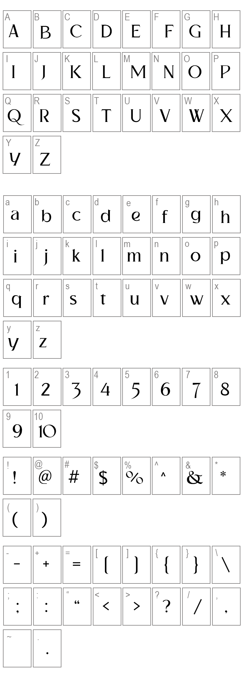 Brushelva Font Characters Map