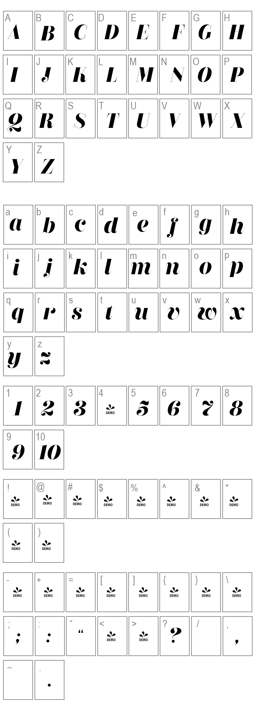 Couturier Poster Font Family Characters Map