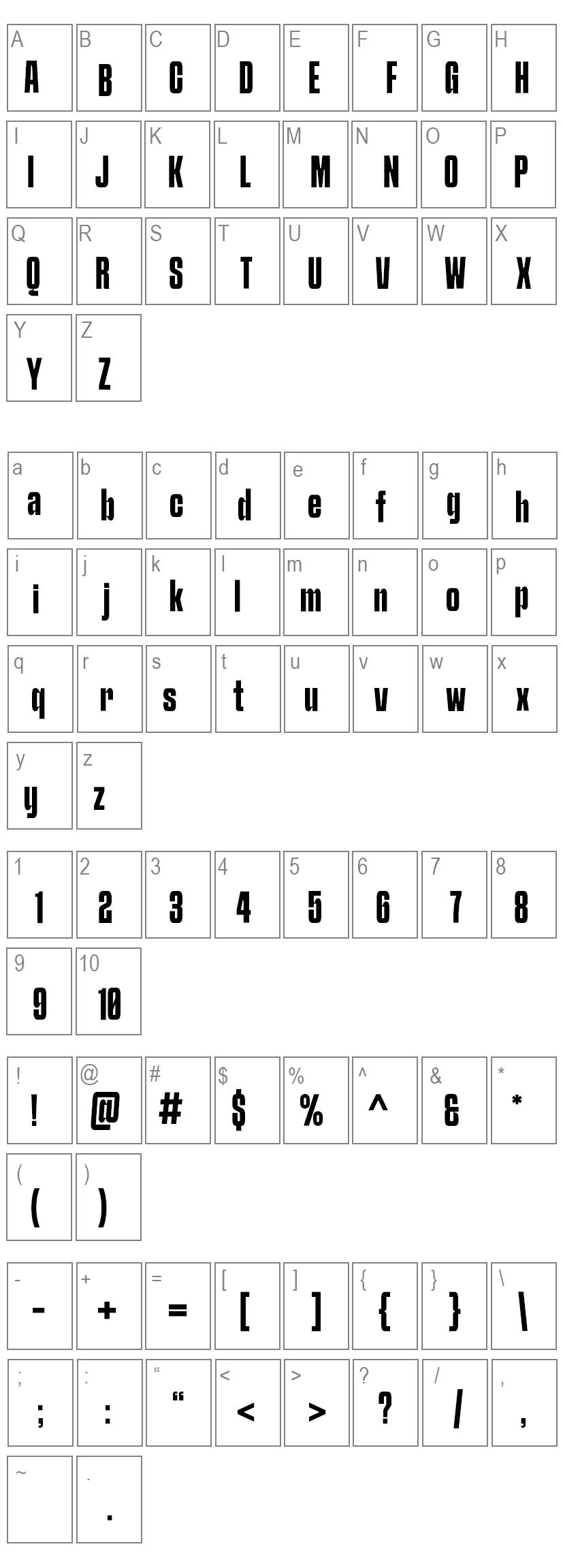 Schabo Condensed Font Characters Map