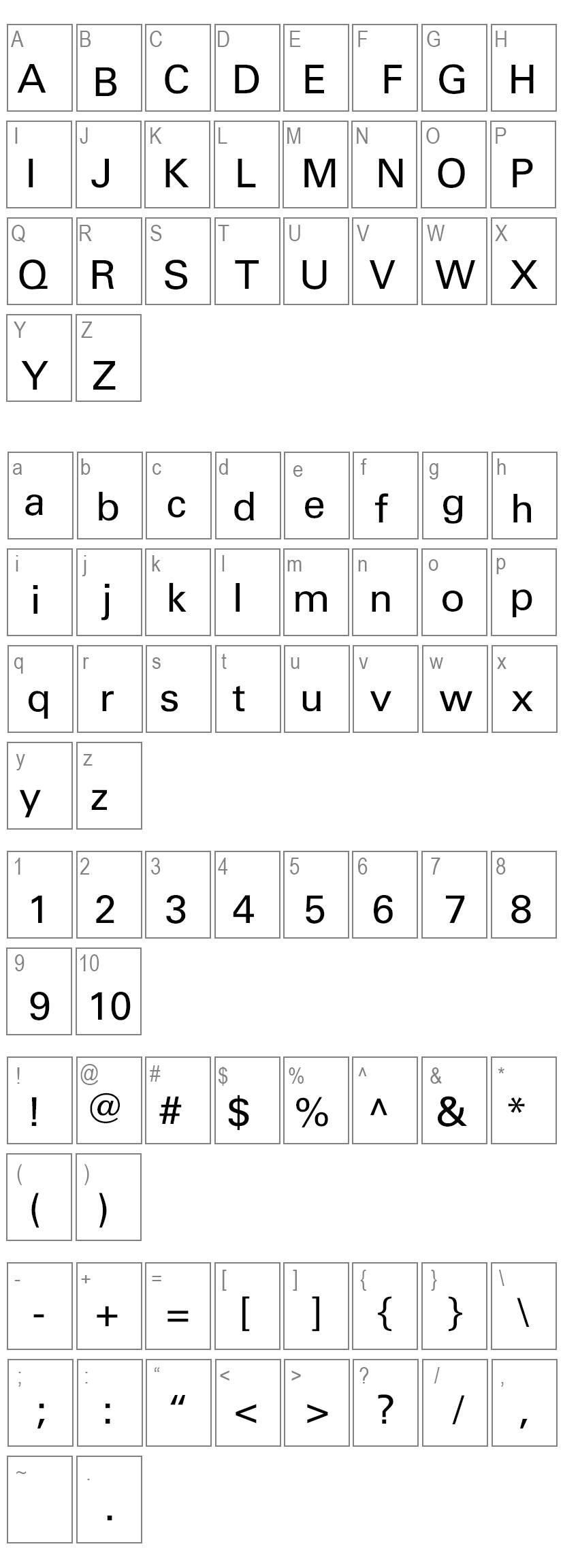 Univers Italic Font Characters Map